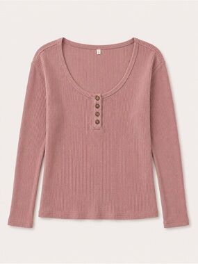 Ribbed Henley Long-Sleeve Top in Dusty Rose